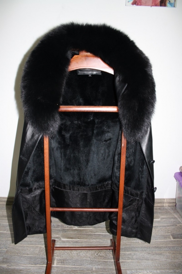 Manteau cuir noir col+doublure lapin