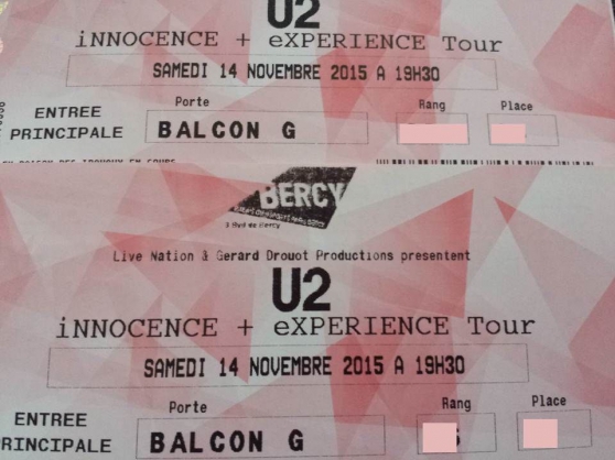 Annonce occasion, vente ou achat 'U2 PARIS BERCY 14 NOVEMBRE 2 PLACES ASSI'
