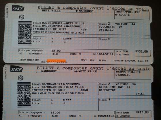 Annonce occasion, vente ou achat 'BILLETS TGV PREM\'S METZ/NARBONNE'