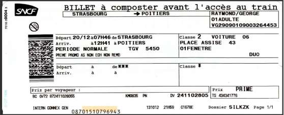 Annonce occasion, vente ou achat 'Vends billet Strasbourg-Poitiers 20 dc.'