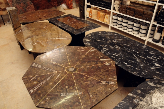 Tables en marbre riche en fossiles