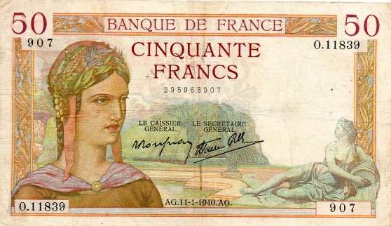 Annonce occasion, vente ou achat 'ancien billet francais 50 francs - ceres'