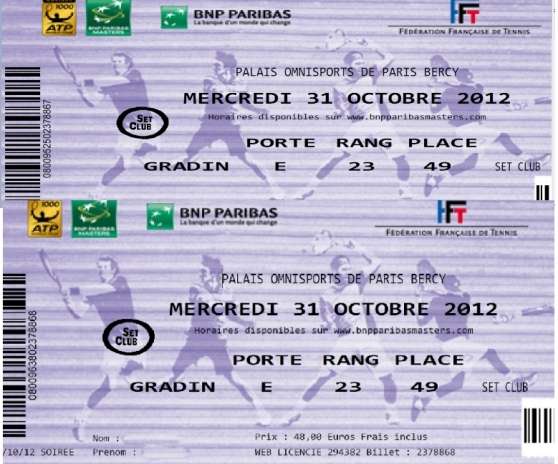 Annonce occasion, vente ou achat 'Place Master Tennis de Paris Bercy le 31'