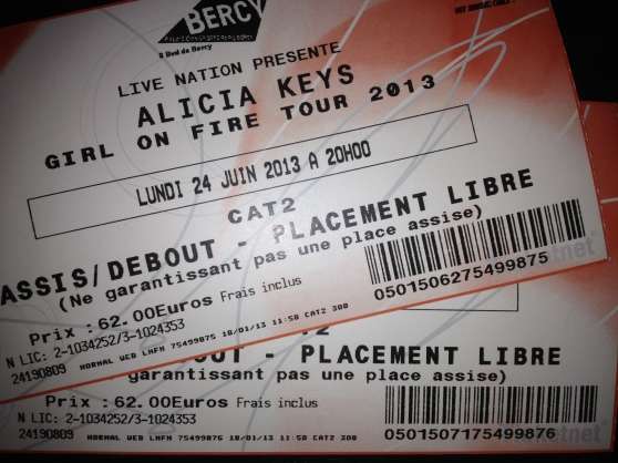 Annonce occasion, vente ou achat 'Places concert Alicia Keys CAT 2 Bercy'