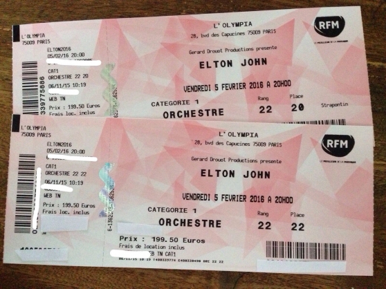 Annonce occasion, vente ou achat '2 Billets Concert Elton John Olympia'