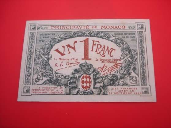 Annonce occasion, vente ou achat 'BILLET 1 francs MONACO 1920 srie A tat'