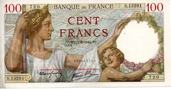Annonce occasion, vente ou achat 'BILLET DE 100 FRANCS 1.8.1940'