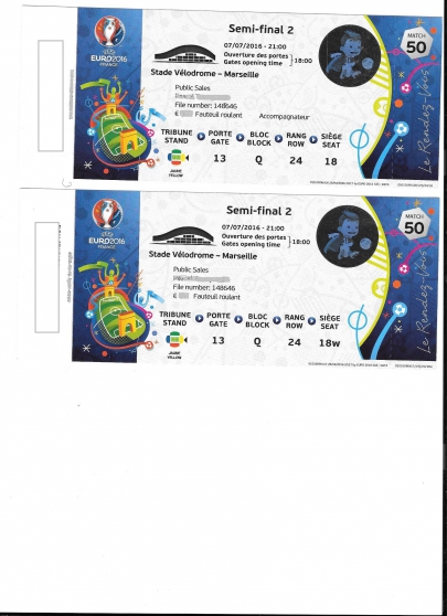 Annonce occasion, vente ou achat '2 places 1/2 finale Euro 2016 velodrome'