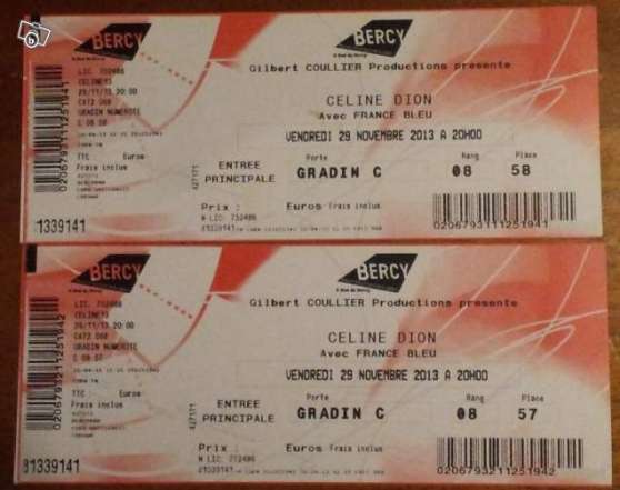 Annonce occasion, vente ou achat '2 Places Celine Dion CAT 1 Paris Bercy'