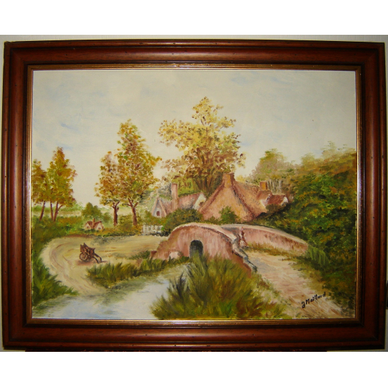 ancien tableau peinture hameau signé jea