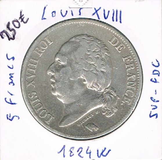 Louis XVIII 5 Francs au buste nu 1824 W