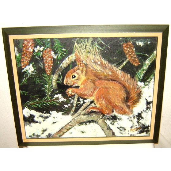 Tableau peinture ancienne écureuil roux