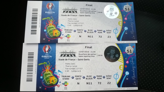 Annonce occasion, vente ou achat 'Deux places finale de l\'Euro 2016'