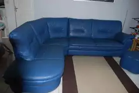 canapé d'angle bleu + son pouf assorti
