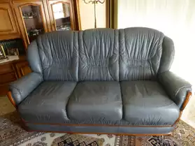 Canapé et 2 fauteuils cuir et bois