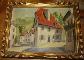 tableau peinture huile ancien village